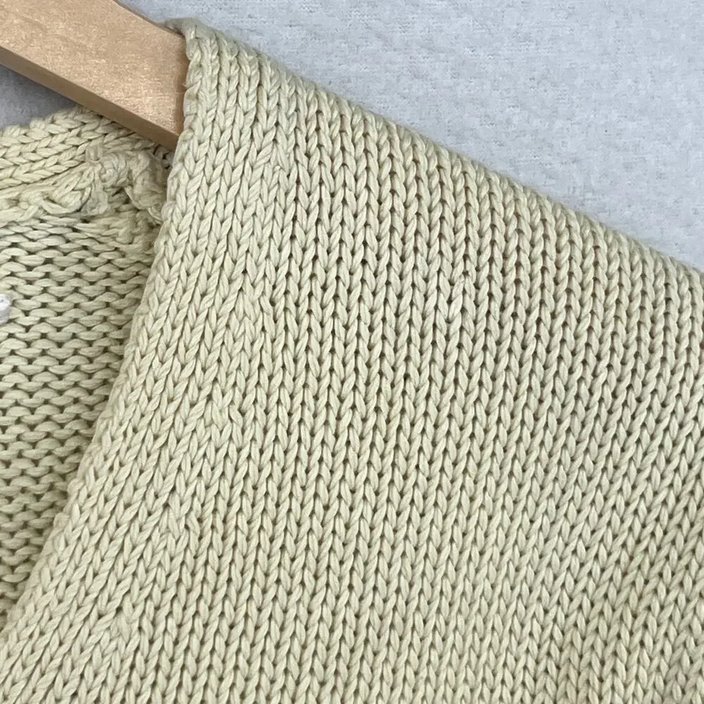 EILEEN FISHER Sweater S Cotton Chunky V-Neck Rolled Hem Pullover Off White VTG
